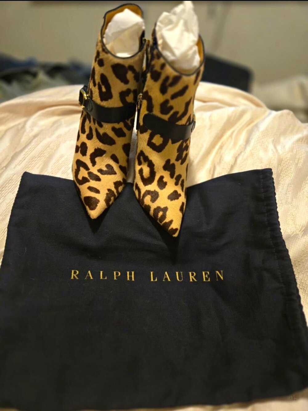 Ralph Lauren Women’s Animal Print Ankle Bootie Pointed Toe Zip Buckle